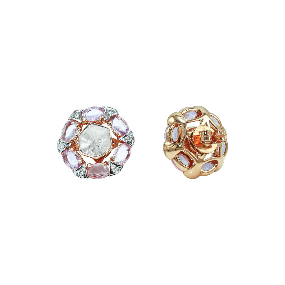 Polki Diamond Studs with Pink Sapphire Gem Halo and Pav&eacute; Detailing